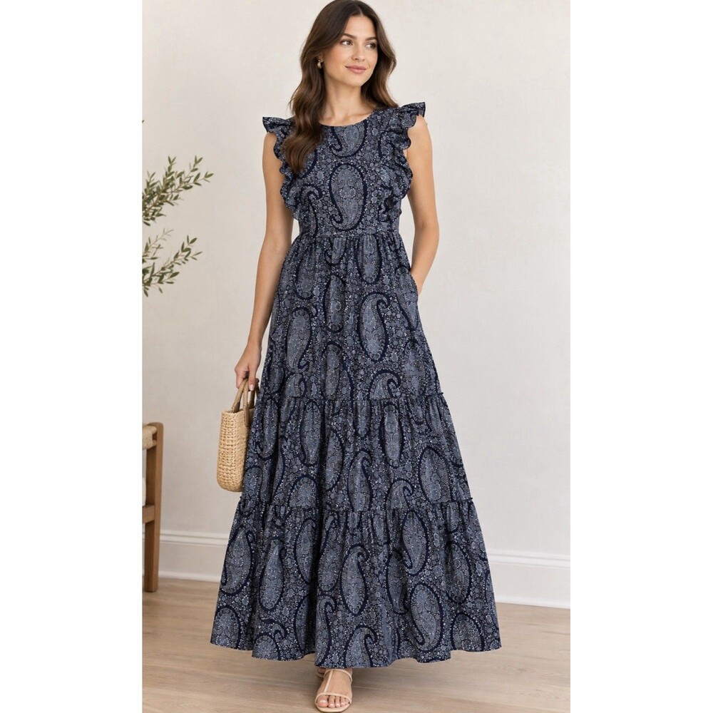 J.CREW Paisley Print Maxi Dress Navy Blue Size 4 Ruffle Sleeves Pockets Boho EUC